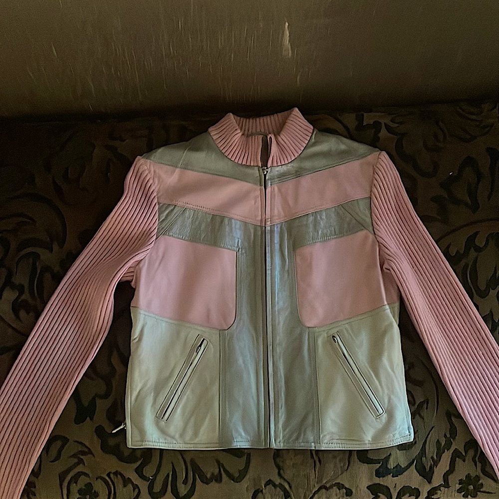 Genuine leather and sweater light pink and grey medium jacket..